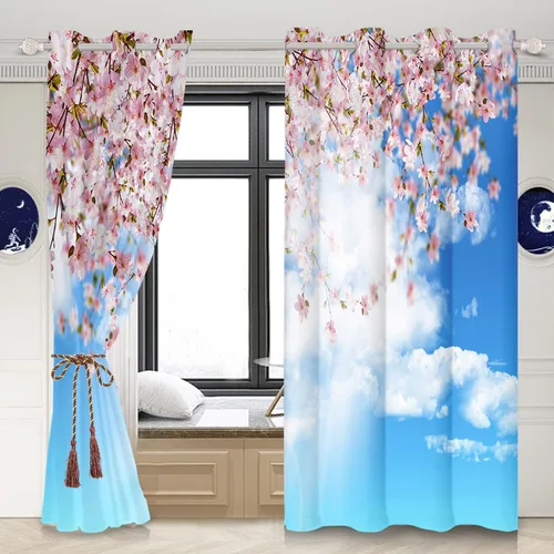 Vista 3 de Renaiss Cortinas de ventana de flores de cerezo japonés, flores de melocotón, cielo azul, nubes blancas, tratamientos de ventana, paisaje natural