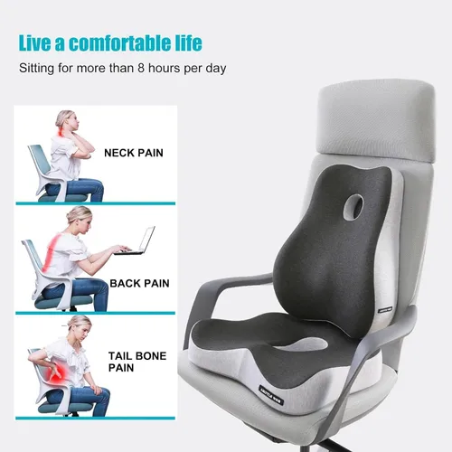 Vista 2 de Cojín de asiento de espuma viscoelástica y almohada de apoyo lumbar, alivio de presión de ciática y coxis, cojín para silla de oficina, automóvil