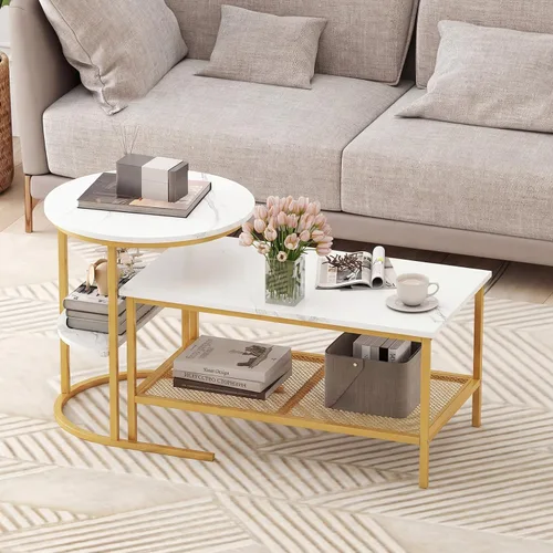 Vista 9 de Giantex Juego de 2 mesas auxiliares anidadas, mesa rectangular desmontable y mesa redonda con veta de madera, marco de metal dorado resistente, mesa