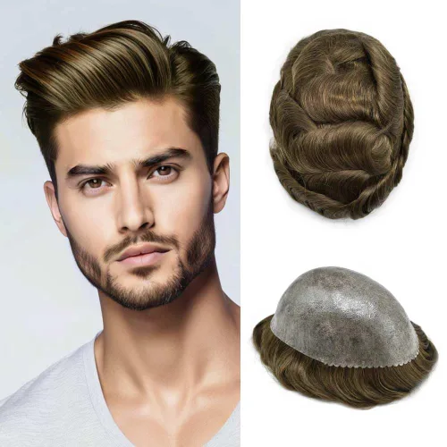 Vista 220 de Toupee para hombre 100% cabello humano real tupé para hombres 0.004 in piel de poliuretano para hombre, sistema de reemplazo de piezas de pelo