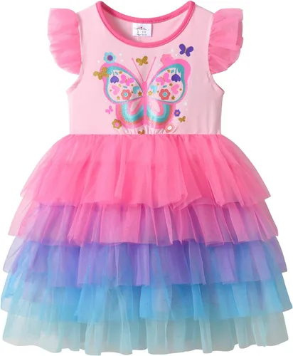 Vista 8 de DXTON Toddler Girls Tutu Dress: Cotton Bodice Layered Tulle Skirt, Mermaid Sparkle Birthday Party Dress for Kids 3–8 Years