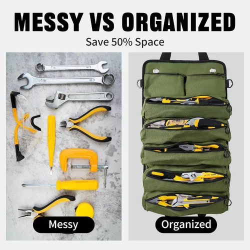 Vista 3 de Bolsa de herramientas portátil plegable enrollable impermeable con 5 compartimentos y 2 bolsillos desmontables, bolsa de herramientas resistente