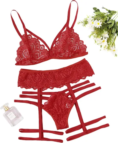 Vista 5 de WDIRARA - Conjunto de lencería para mujer, 3 piezas, malla floral