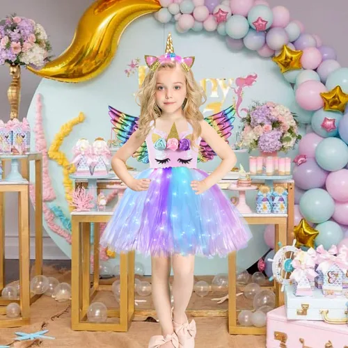 Vista 5 de NSSONBEN Girls Sequin Unicorn Custome LED Light Up Onesie Tutu Dress Birthday Gifts Halloween Costume with Headband and Wings