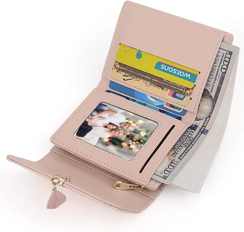 Vista 96 de UTO - Cartera pequeña RFID de piel sintética con dije de hoja, cierre de cremallera y tarjetero.