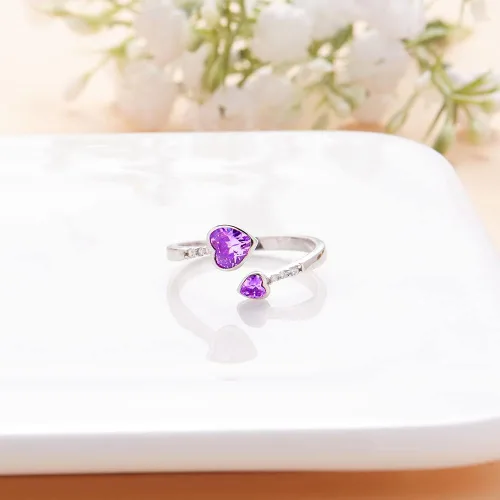 Vista 4 de LANE WOODS Anillos de piedra natal para mujer, plata de ley 925, doble corazón, abierto, anillo de banda ajustable