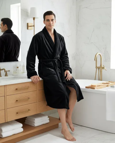 Vista 5 de NY Threads - Bata de baño de vellón para hombre, larga, con cuello estilo chal