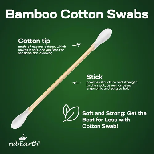 Vista 2 de rebEarth Bamboo Cotton Swabs 500 Count - Biodegradable Wooden Cotton Buds