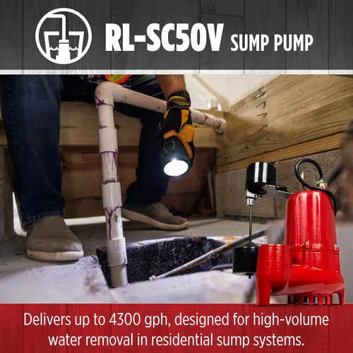 Vista 5 de Red Lion RL-SC50V 14942747 Bomba de sumidero de hierro fundido de 115 voltios, 1/2 HP, 4300 GPH con interruptor vertical, cable de 10 pies, rojo