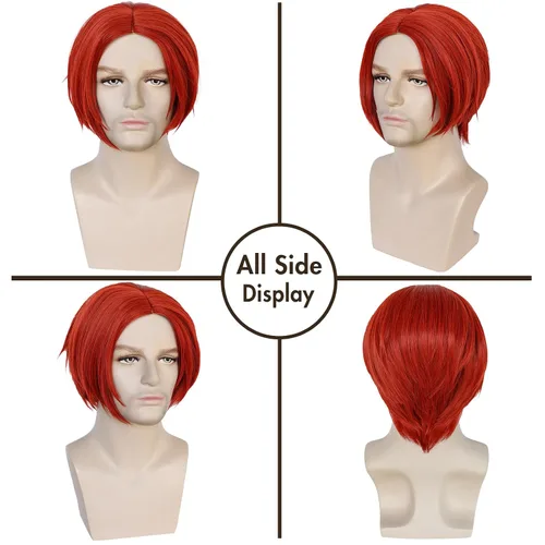 Vista 6 de IEBIYO Peluca roja de anime para hombre, peluca roja corta en capas rojas, peluca sintética unisex para Halloween, cosplay, fiesta de disfraces