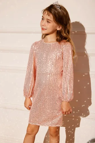 Vista 7 de GRACE KARIN Vestido formal de lentejuelas brillantes para niñas, vestido de fiesta de manga larga ajustado 5-14 años