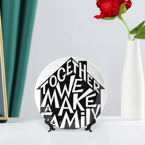 Vista 6 de Plato decorativo de cerámica de 6 pulgadas, cerámica familiar, Together We Make a Family Shaped as a House Print Ceramic Wall Hanging para cenas