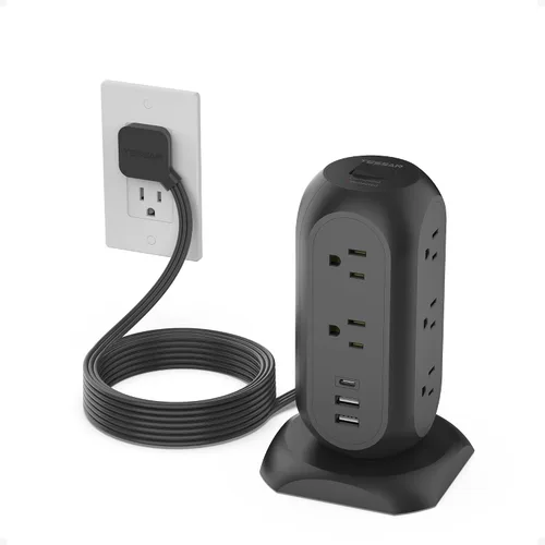 Vista 9 de Regleta con protector contra sobretensiones TESSAN, cable de extensión retráctil de 5 pies con múltiples tomas, 11 tomas con estación de carga de 3