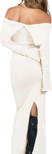 Vista 5 de Vestido largo sexy con hombros descubiertos para mujer, estilo Y2K, manga larga, acanalado, entallado, vestido largo de punto delgado