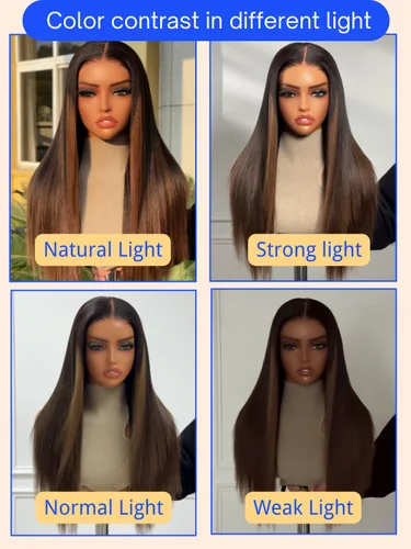 Vista 4 de Nadula - Peluca Yaki de encaje frontal lacio color castaño ombre con cabello humano 13x4 HD, pre arrancada, sin pegamento, con cordón elástico