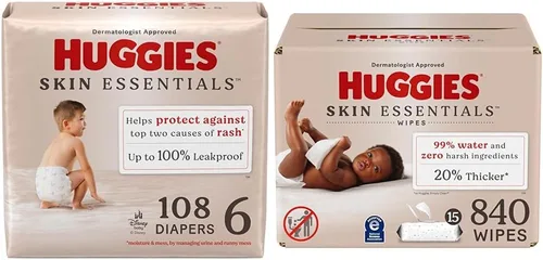 Vista 13 de Huggies Paquete de Skin Essentials: pañales Huggies Skin Essentials, talla 1 (8-14 libras), 204 unidades y toallitas para bebés, 15 paquetes