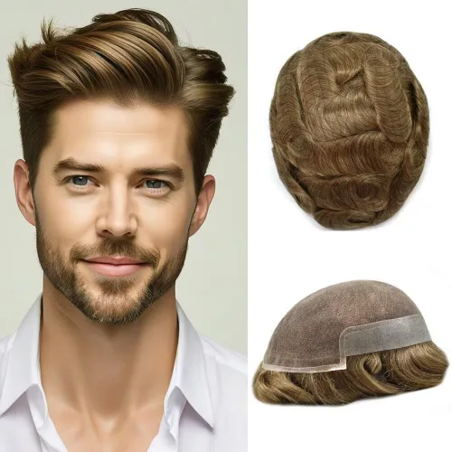 Vista 13 de FACE MIRACLE - Tupé de encaje frontal francés para hombres, postizos, sistemas de reemplazo de cabello humano con PU para hombre, prótesis