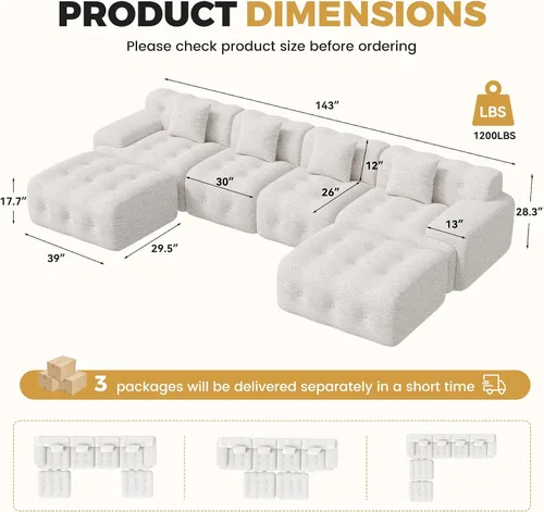 Vista 2 de Sofás modernos sin hueso de 143 pulgadas para sala de estar, sofá nube en forma de U, juego de sofá modular convertible de chenilla, no requiere