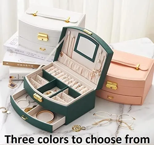 Vista 3 de The Jewellery Pak Caja organizadora de joyas de lujo de color blanco, espejo de piel sintética de alta calidad, exterior de terciopelo suave al