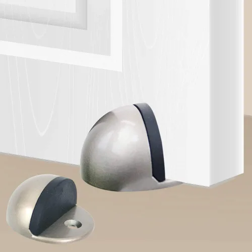 Vista 2 de Tope de puerta de piso de níquel satinado con almohadilla de goma, tapón de puerta en forma de semicírculo, acero inoxidable para proteger la pared