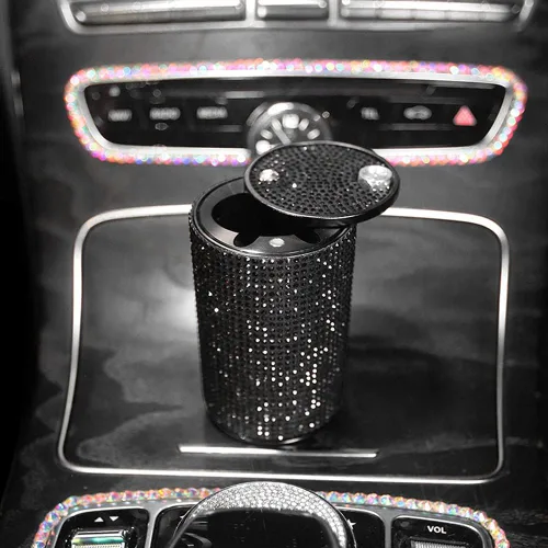 Vista 2 de Cenicero portátil con tapa, a prueba de olores, cenicero de automóvil de diamantes de cristal para mujeres, mini bote de basura ideal para Negro