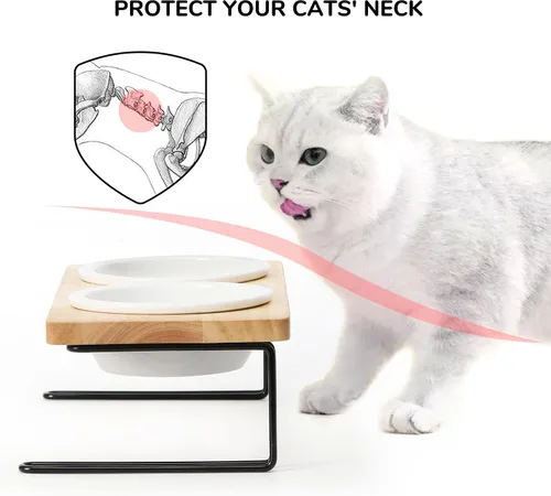 Vista 4 de FUKUMARU - Cuencos de cerámica elevados para gatos, cuencos con una inclinación de 15º para agua y comida en soporte de madera, juego para gatos