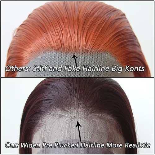 Vista 3 de 99J Peluca larga y lisa 99J color borgoña sintética con encaje frontal, predesfilada con línea de cabello natural para mujeres de moda, cabello