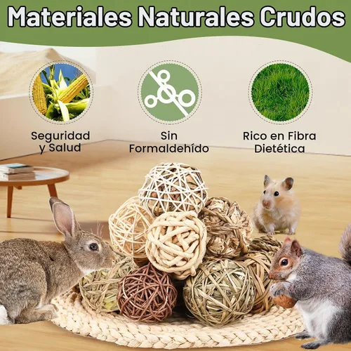 Vista 5 de Bolas de hierba masticables de conejito, juguetes masticables rodantes para animales pequeños, mejora la salud dental, juguetes masticables