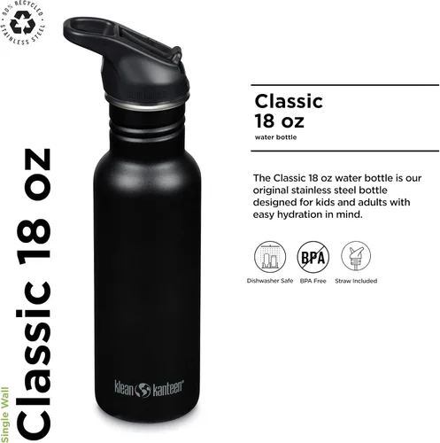 Vista 2 de Klean Kanteen Botella de Agua Clásica de 18 oz con Tapa Deportiva Flip Seal y Pajita - Boquilla y Tapa 100% a Prueba de Fugas - Material Duradero