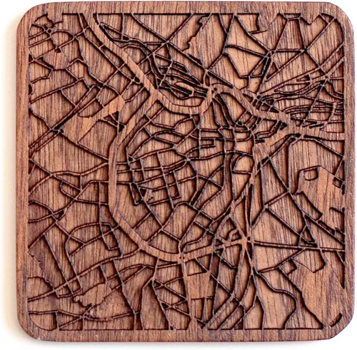 Vista 127 de Posavasos Amsterdam Map by O3 Design Studio, 1 pieza, posavasos de madera Sapele con mapa de la ciudad, hecho a mano, varias ciudades opcionales