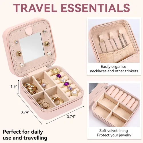 Vista 4 de Joyero de viaje para mujer, artículos esenciales de vacaciones para mujeres, anillo collar, aretes, caja organizadora de joyas con espejo, regalos