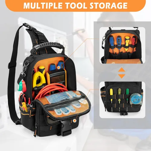 Vista 2 de Bolsa de herramientas para electricistas Trahzia, organizador de herramientas HVAC con cremallera, asa ergonómica y correa de hombro para técnicos