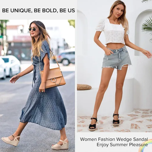 Vista 6 de Vepose Sandalias de cuña 80 alpargatas para mujer, sandalias de plataforma de tacón alto y hebilla de tobillo