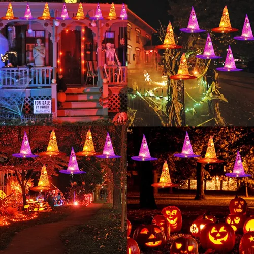 Vista 5 de Dazzle Bright 8 luces colgantes de sombrero de bruja para colgar, decoraciones de Halloween impermeables con control remoto para decoración