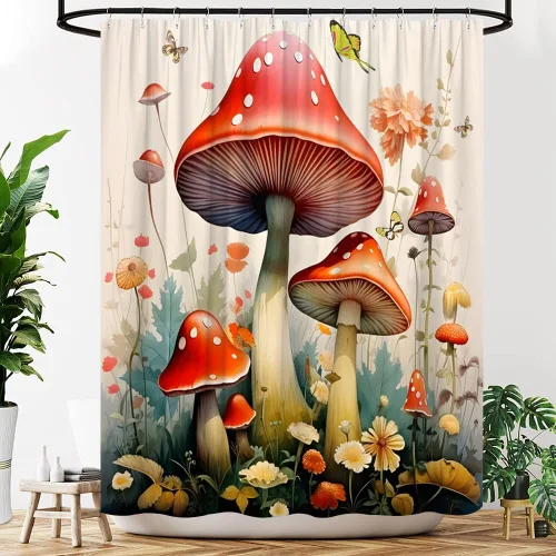 Vista 4 de Cortina de ducha con diseño de hongos, flores retro, mariposa, botánica, estética, fantasía, cortinas decorativas para baño con ganchos