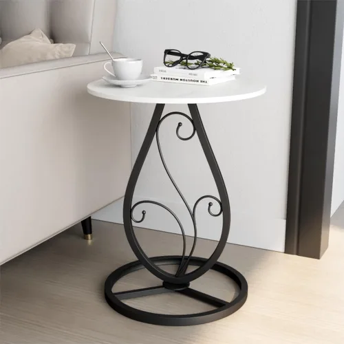 Vista 7 de Mesa auxiliar redonda bohemia para sala de estar, mesas auxiliares de escritorio de mármol natural con base floral de metal minimalista bohemio