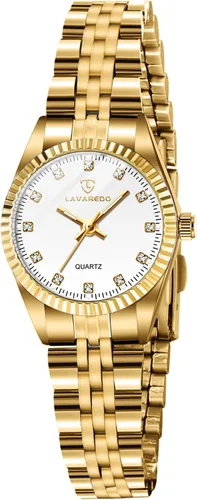 Vista 16 de Juego de reloj de oro para mujer, chapado en oro de 18 quilates, brazalete brazalete anillo para mujer, delicado reloj analógico impermeable