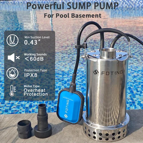 Vista 3 de FOTING Bomba de sumidero de acero inoxidable 304 completa con interruptor de flotador, bomba de agua sumergible automática de 1 HP 4600 GPH