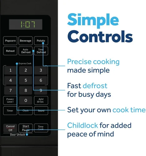 Vista 4 de GE GCHK07N1WBB - Horno microondas para encimera, 700 vatios, 0.7 pies cúbicos, negro, GCHK07N1WBB 4 Convenience Cook Settings, One-Touch Controls