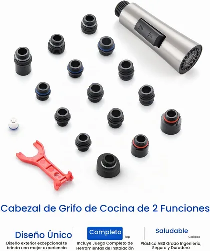 Vista 8 de J-HVA Repuesto de cabezal de grifo de cocina de metal, cabezal rociador desplegable con 15 adaptadores, 2 modos de repuesto de cabezal de rociador