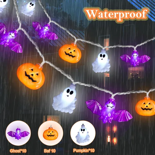Vista 2 de Guirnalda de luces de Halloween, 16.4 pies, 30 luces LED 3D de calabaza, murciélago, fantasma, funciona con pilas, color naranja y morado, 8 modos