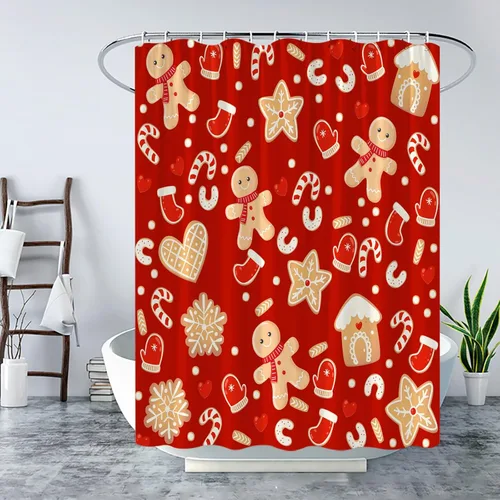 Vista 2 de Cortina de ducha de Navidad con diseño de galletas, lindo cratoon copo de nieve, vacaciones de invierno, feliz año nuevo, cortina de baño con gancho