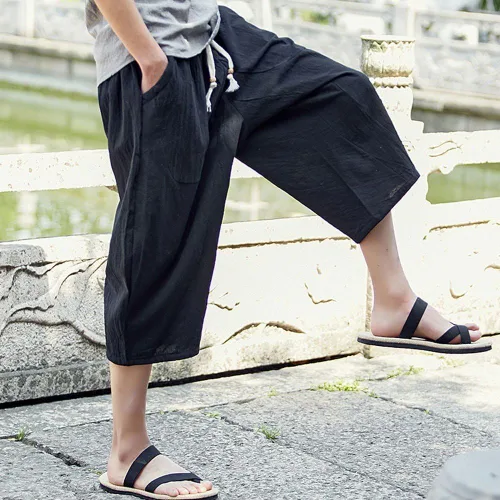 Vista 4 de Pantalones de harén de algodón y lino para hombre, estilo casual, holgados, para la playa, pantalones cortos largos por debajo de la rodilla