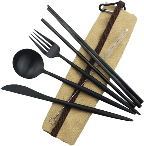 Vista 8 de Utensilios de viaje reutilizables, 7 piezas portátiles de acero inoxidable 304, incluyendo cuchillo, tenedor, cuchara, palillos, cepillo