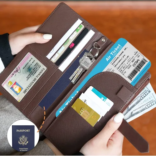 Vista 6 de Cartera de viaje con bloqueo RFID multiuso para pasaporte, Marrón, Classic