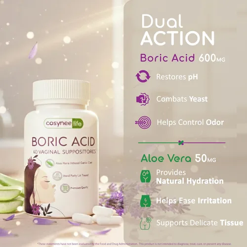 Vista 5 de cosynee Cápsulas de ácido bórico para mujeres con aloe vera – 60 cápsulas, 650 mg cada una – Apoyo a la higiene femenina
