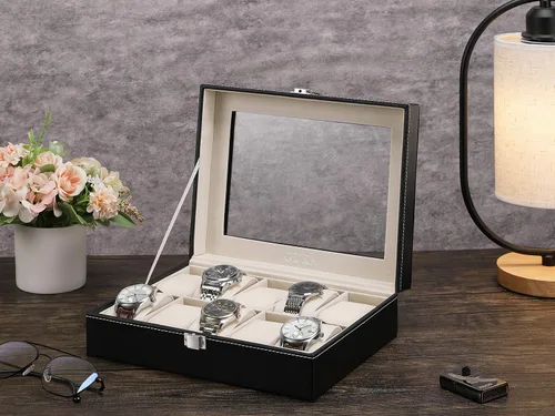 Vista 5 de GUKA Caja de reloj con 10 ranuras organizador de cristal real con cuero sintético para hombres y mujeres