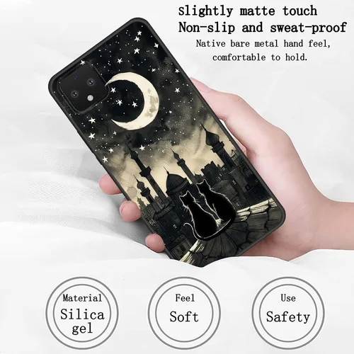 Vista 6 de Funda delgada para Google Pixel 4 XL, funda delgada de silicona de TPU suave a prueba de golpes para Google Pixel 4 XL, gato negro luna estrellada