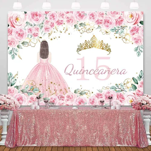 Vista 4 de Sensfun Telón de fondo de quinceañera con texto en inglés "Mis Quince Anos", decoración de cumpleaños de 15 años, flores rosadas, corona dorada