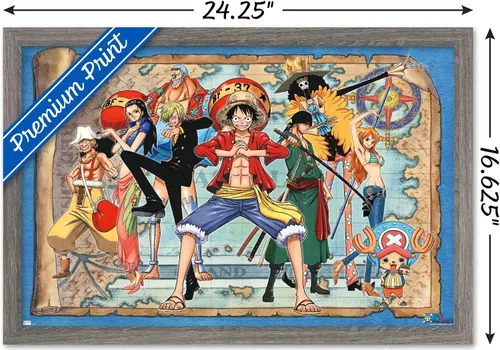 Vista 3 de One Piece - Póster de pared con mapa grupal, 22.4 pulgadas de largo x 14.7 pulgadas de ancho, versión enmarcada de madera de granero